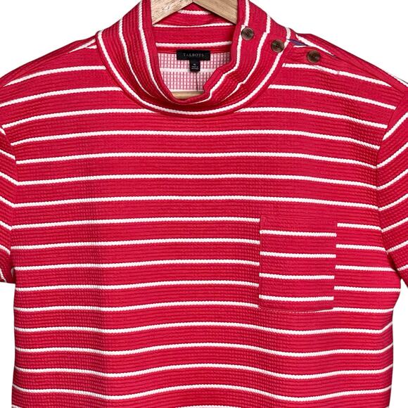 Talbots NWT Button Mockneck Pullover Sweater Marin Stripe XL Pink Passion Ivory - Picture 2 of 7